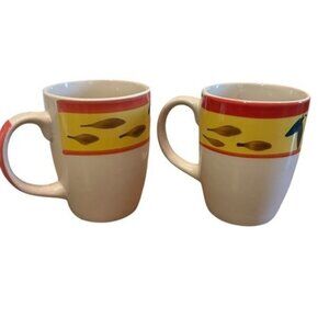 Set Of 2 Country View Rooster Ceramic Mugs 4.25" Tall